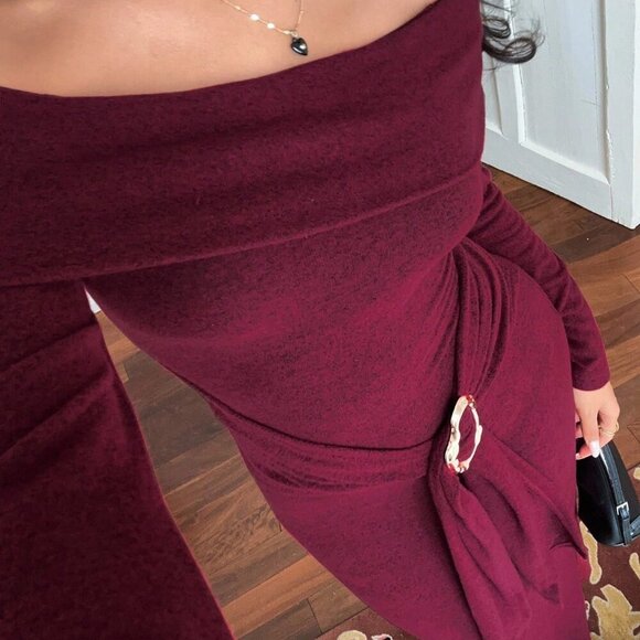 Burgundy Party Women's Fleece Knit Turtleneck Off Shoulder Fitted Dress - Picture 5 of 7
